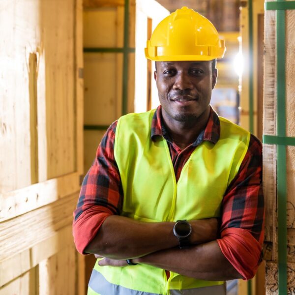 smiling warehouse worker in safety helmet